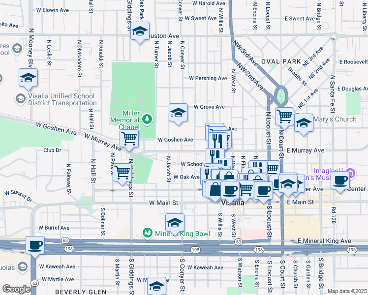 map of restaurants, bars, coffee shops, grocery stores, and more near 841 West Goshen Avenue in Visalia