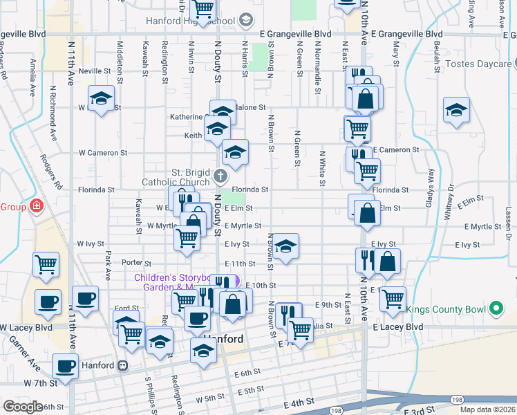 map of restaurants, bars, coffee shops, grocery stores, and more near 914 North Brown Street in Hanford