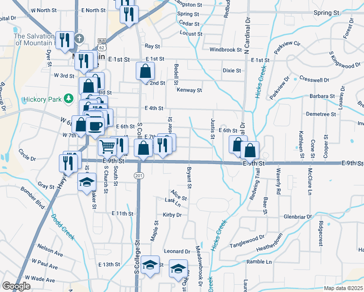 map of restaurants, bars, coffee shops, grocery stores, and more near 638-658 East 8th Street in Mountain Home