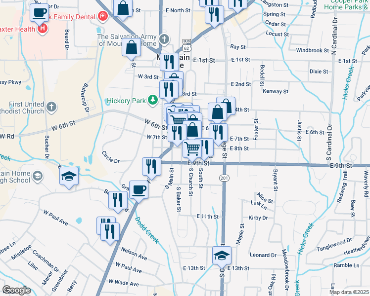 map of restaurants, bars, coffee shops, grocery stores, and more near 701 South Church Street in Mountain Home