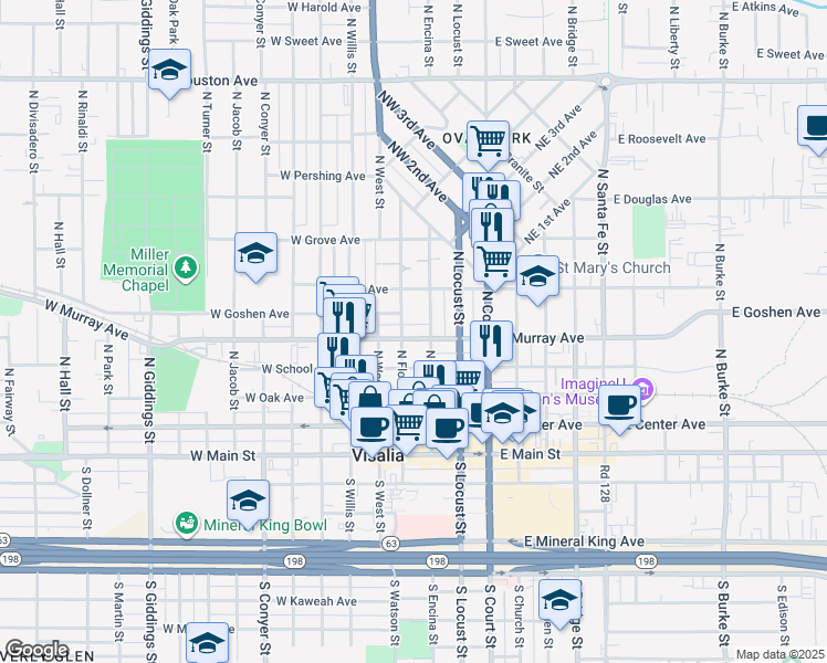 map of restaurants, bars, coffee shops, grocery stores, and more near 513 North Encina Street in Visalia