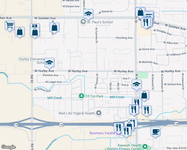 map of restaurants, bars, coffee shops, grocery stores, and more near 537 North Tommy Street in Visalia