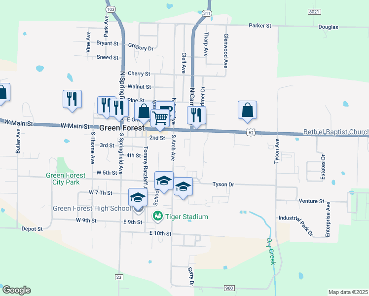 map of restaurants, bars, coffee shops, grocery stores, and more near 202 Ember Drive in Green Forest