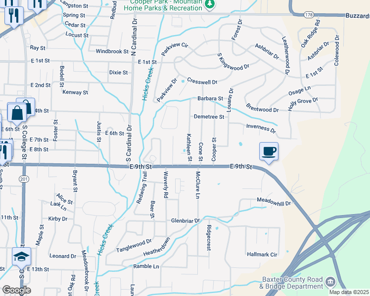 map of restaurants, bars, coffee shops, grocery stores, and more near 425 Kathleen Street in Mountain Home