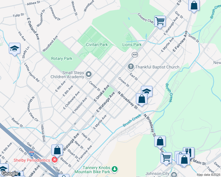 map of restaurants, bars, coffee shops, grocery stores, and more near 601 North Broadway Street in Johnson City
