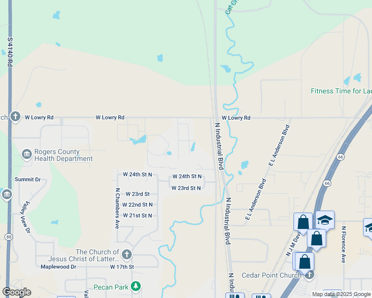 map of restaurants, bars, coffee shops, grocery stores, and more near 2831 Lariat Lane in Claremore