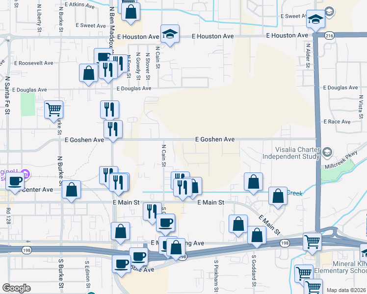 map of restaurants, bars, coffee shops, grocery stores, and more near 1743-2099 East Goshen Avenue in Visalia