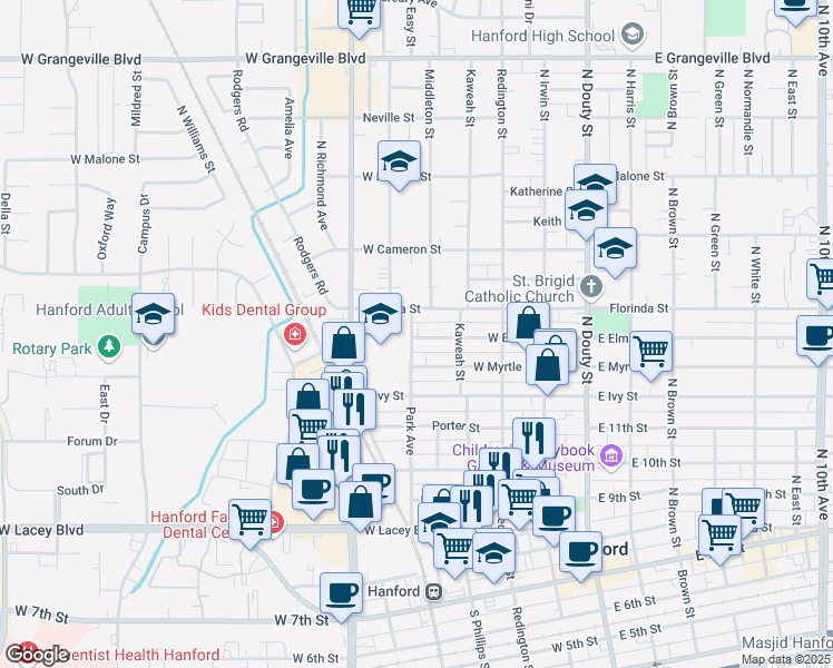 map of restaurants, bars, coffee shops, grocery stores, and more near 431 West Florinda Street in Hanford