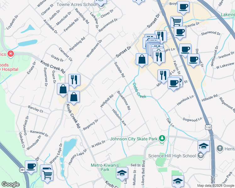 map of restaurants, bars, coffee shops, grocery stores, and more near 608 Hollyhill Road in Johnson City