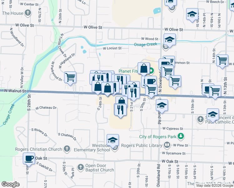 map of restaurants, bars, coffee shops, grocery stores, and more near West Walnut Street in Rogers