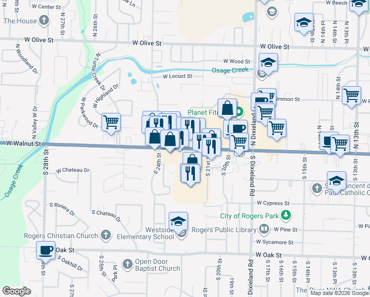 map of restaurants, bars, coffee shops, grocery stores, and more near West Walnut Street in Rogers