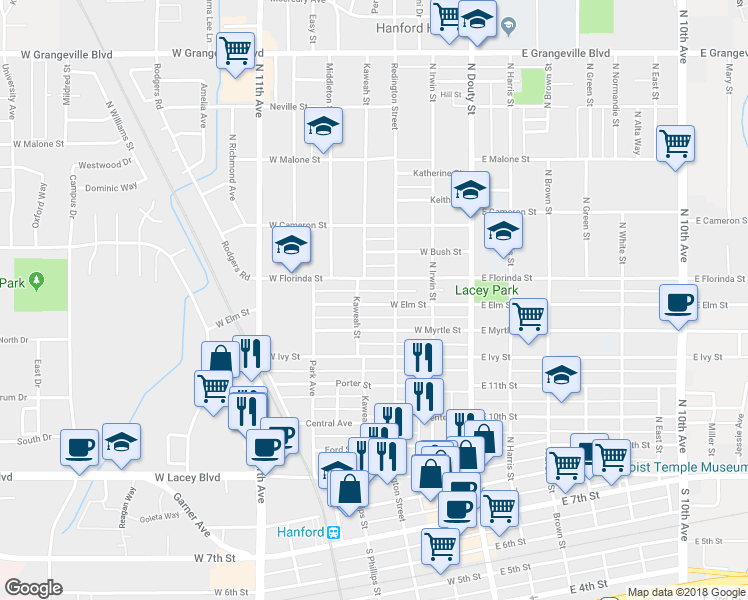 map of restaurants, bars, coffee shops, grocery stores, and more near 322 West Elm Street in Hanford