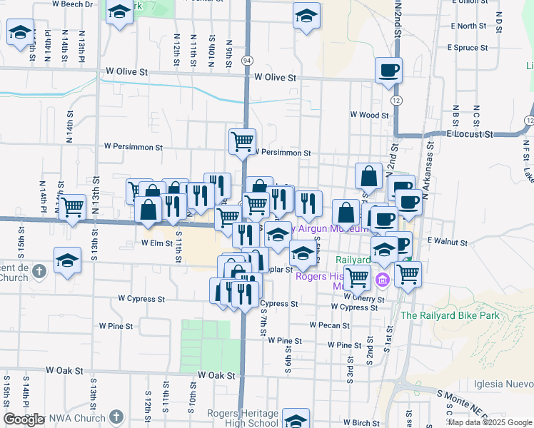 map of restaurants, bars, coffee shops, grocery stores, and more near 719 West Walnut Street in Rogers