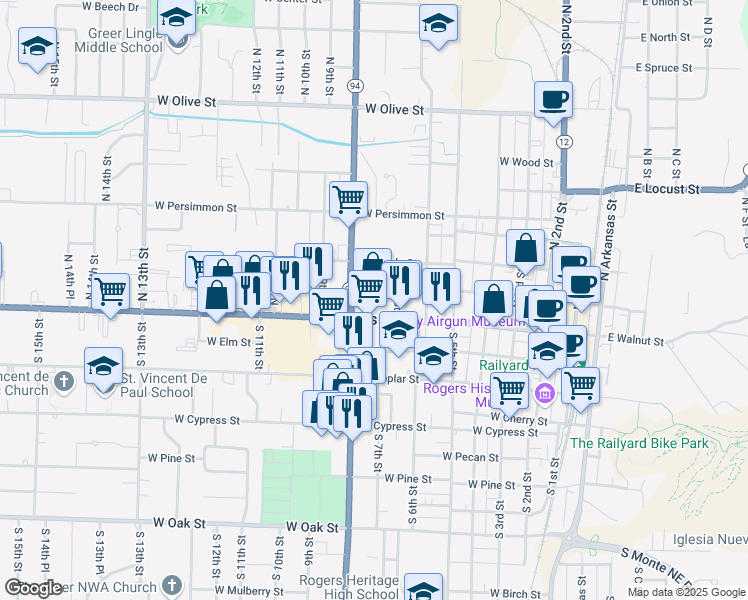 map of restaurants, bars, coffee shops, grocery stores, and more near 719 West Walnut Street in Rogers