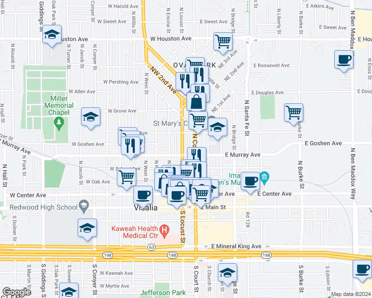 map of restaurants, bars, coffee shops, grocery stores, and more near 510 North Locust Street in Visalia
