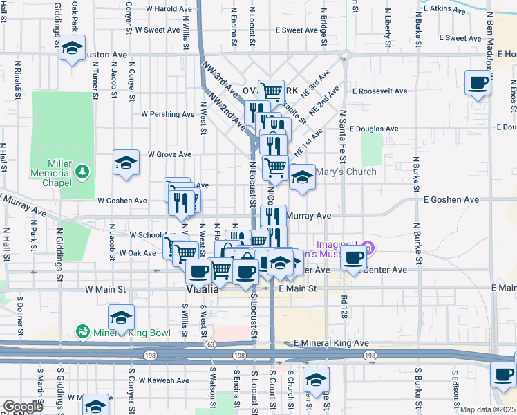 map of restaurants, bars, coffee shops, grocery stores, and more near 519 North Locust Street in Visalia