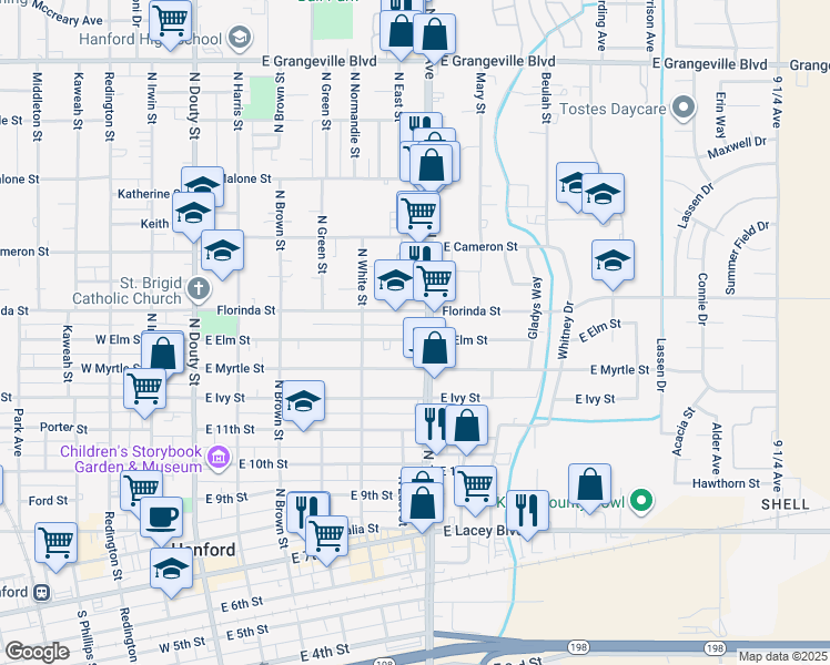map of restaurants, bars, coffee shops, grocery stores, and more near 980 North 10th Avenue in Hanford