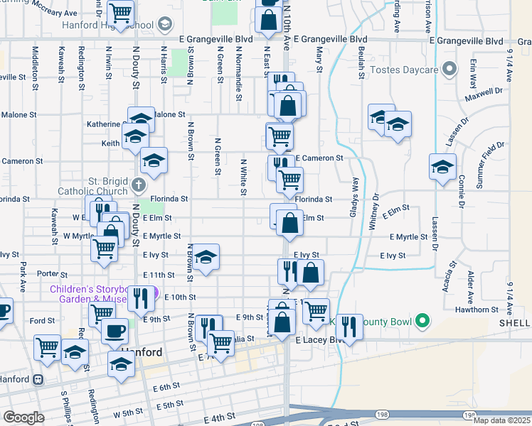 map of restaurants, bars, coffee shops, grocery stores, and more near 511 East Florinda Street in Hanford