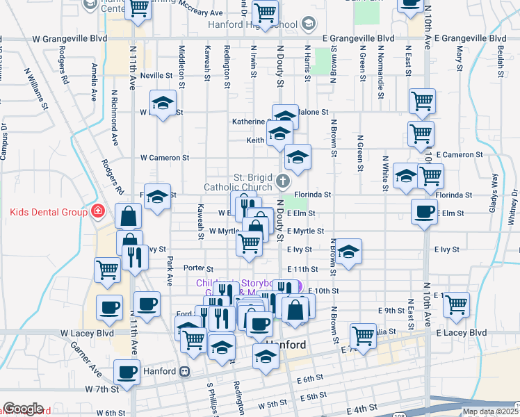 map of restaurants, bars, coffee shops, grocery stores, and more near 949 North Irwin Street in Hanford