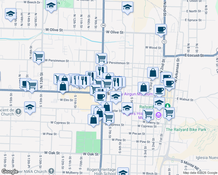 map of restaurants, bars, coffee shops, grocery stores, and more near 719 West Walnut Street in Rogers
