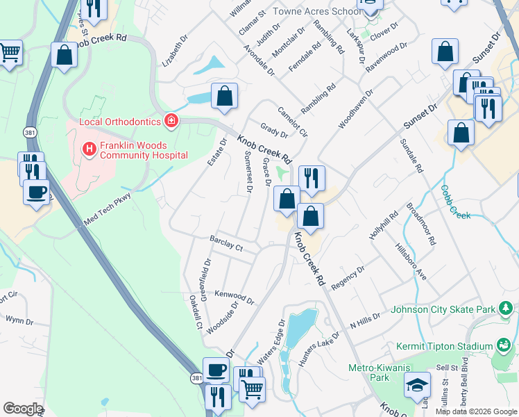 map of restaurants, bars, coffee shops, grocery stores, and more near 1017 Somerset Drive in Johnson City