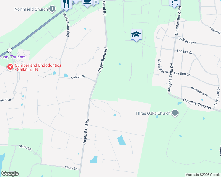 map of restaurants, bars, coffee shops, grocery stores, and more near 2185 Cages Bend Road in Gallatin