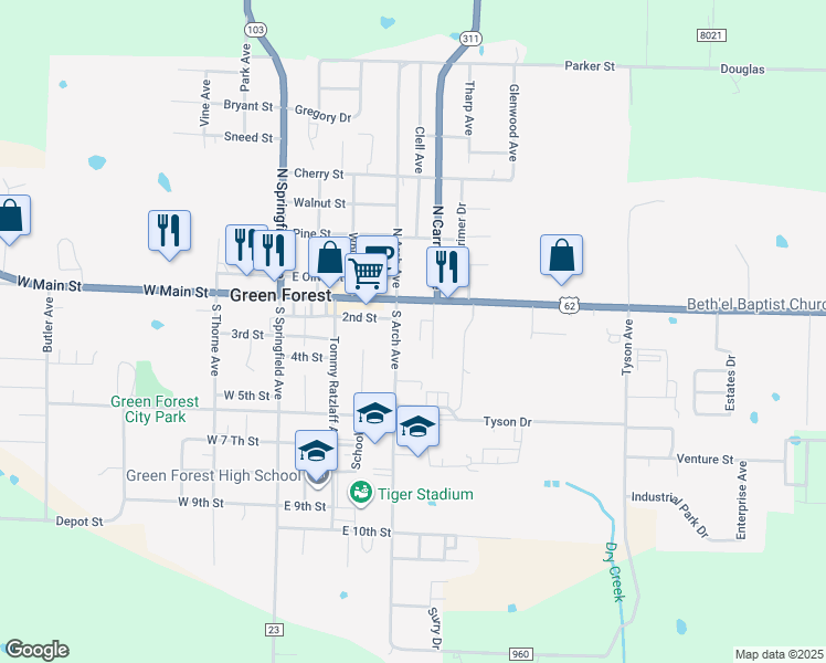 map of restaurants, bars, coffee shops, grocery stores, and more near 202 Ember Drive in Green Forest