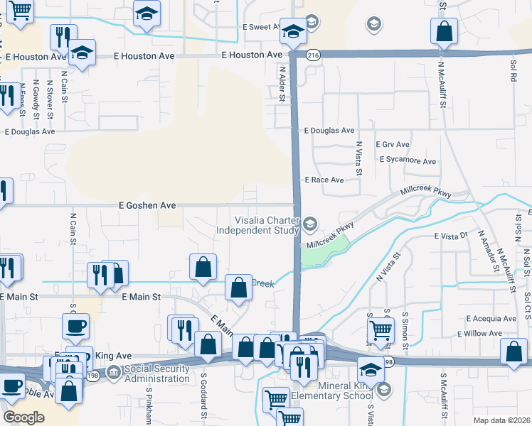map of restaurants, bars, coffee shops, grocery stores, and more near 2761 East Goshen Avenue in Visalia