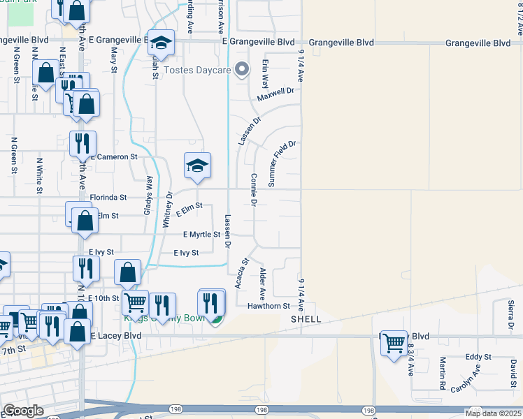 map of restaurants, bars, coffee shops, grocery stores, and more near 1235 Elm Court in Hanford