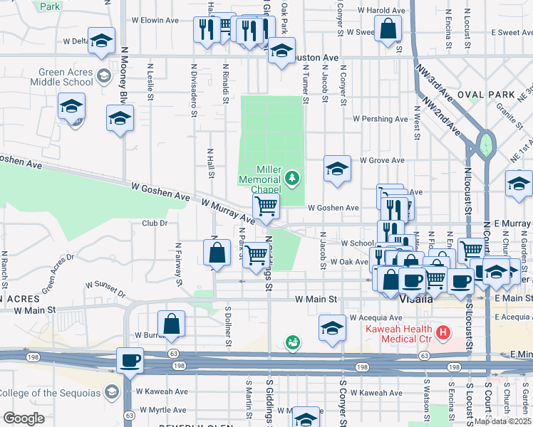 map of restaurants, bars, coffee shops, grocery stores, and more near 501-599 North Giddings Street in Visalia