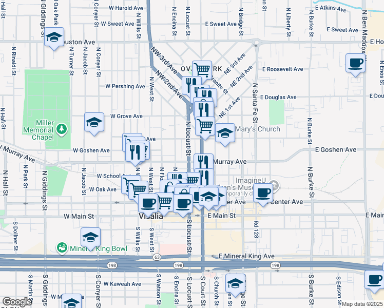 map of restaurants, bars, coffee shops, grocery stores, and more near 519 North Locust Street in Visalia