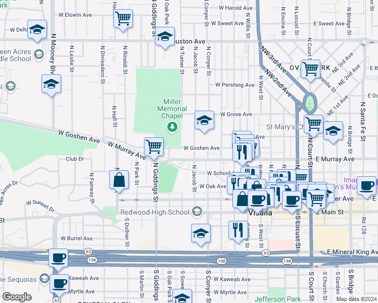 map of restaurants, bars, coffee shops, grocery stores, and more near 1009 West Goshen Avenue in Visalia