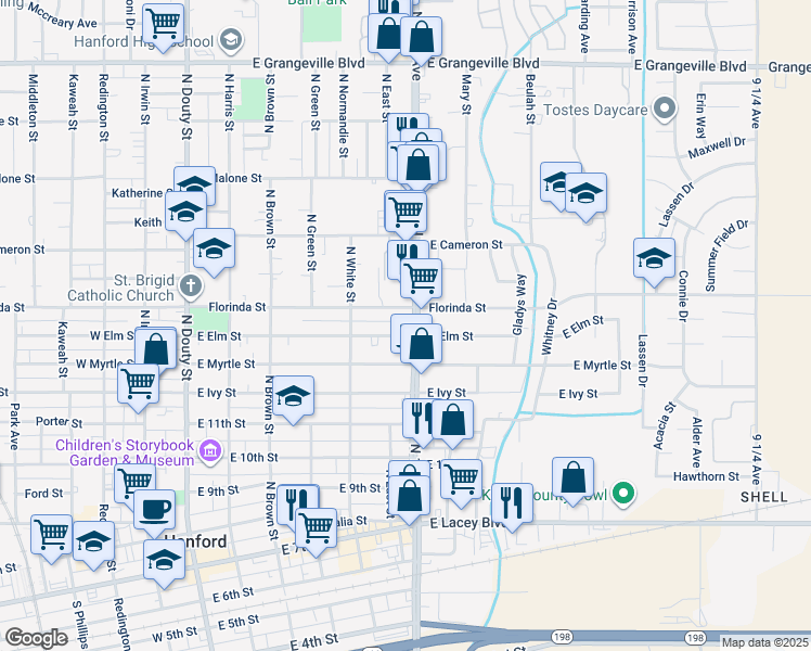 map of restaurants, bars, coffee shops, grocery stores, and more near 980 North 10th Avenue in Hanford