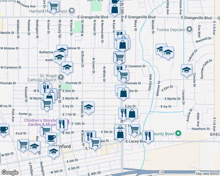 map of restaurants, bars, coffee shops, grocery stores, and more near 511 East Florinda Street in Hanford