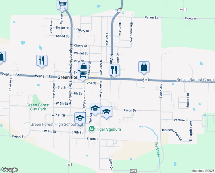 map of restaurants, bars, coffee shops, grocery stores, and more near 202 Ember Drive in Green Forest