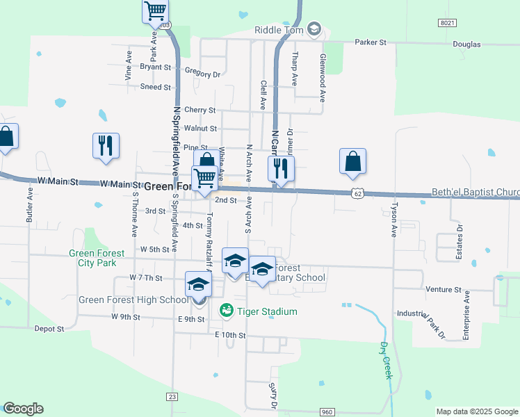 map of restaurants, bars, coffee shops, grocery stores, and more near 202 Ember Drive in Green Forest