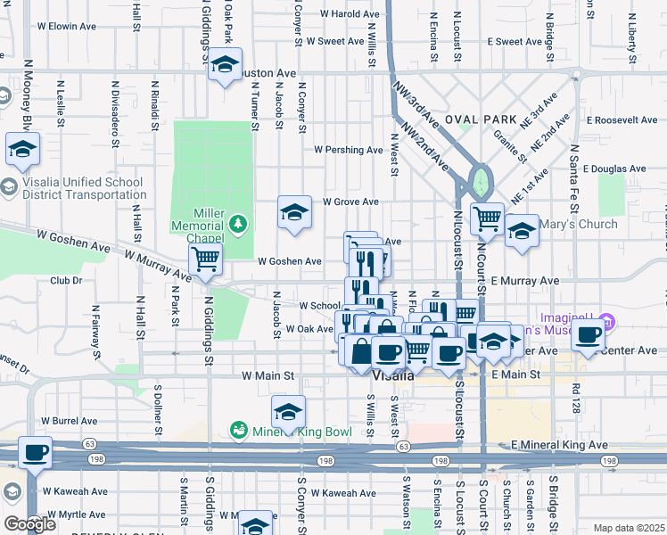 map of restaurants, bars, coffee shops, grocery stores, and more near 731 West Goshen Avenue in Visalia