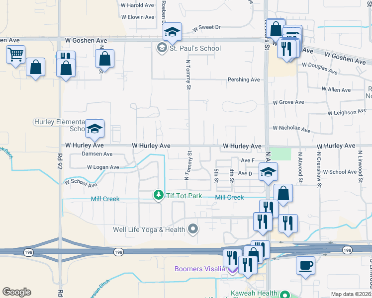 map of restaurants, bars, coffee shops, grocery stores, and more near 537 North Tommy Street in Visalia