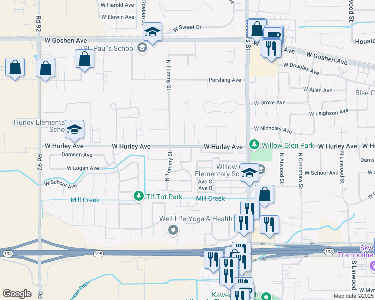 map of restaurants, bars, coffee shops, grocery stores, and more near 541 North Peppertree Street in Visalia