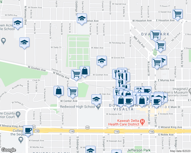 map of restaurants, bars, coffee shops, grocery stores, and more near 1009 West Goshen Avenue in Visalia