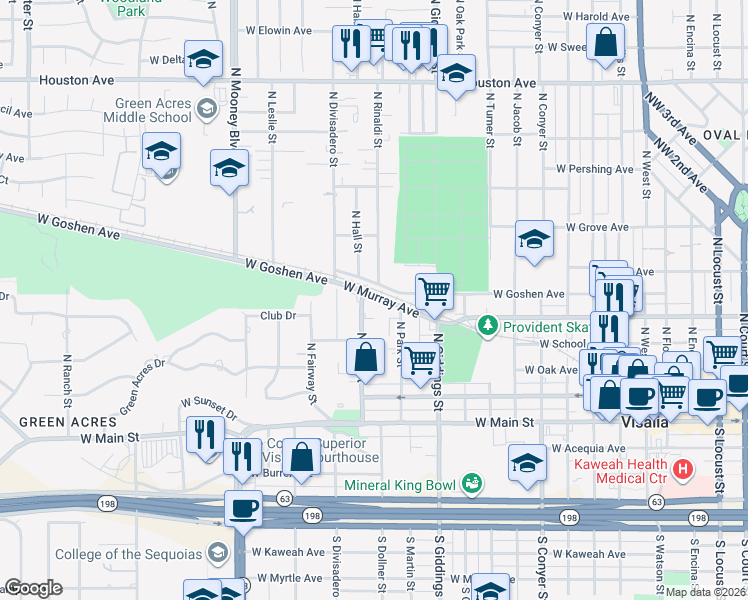 map of restaurants, bars, coffee shops, grocery stores, and more near 1417 West Murray Avenue in Visalia
