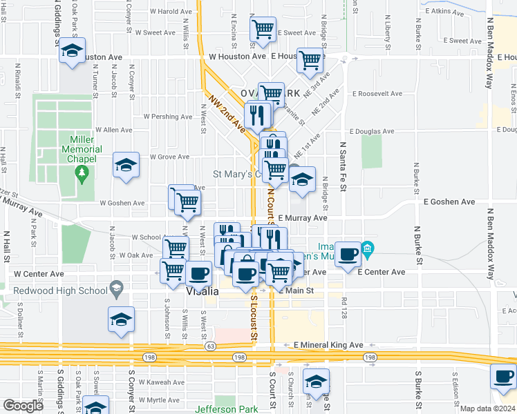 map of restaurants, bars, coffee shops, grocery stores, and more near 514 North Locust Street in Visalia