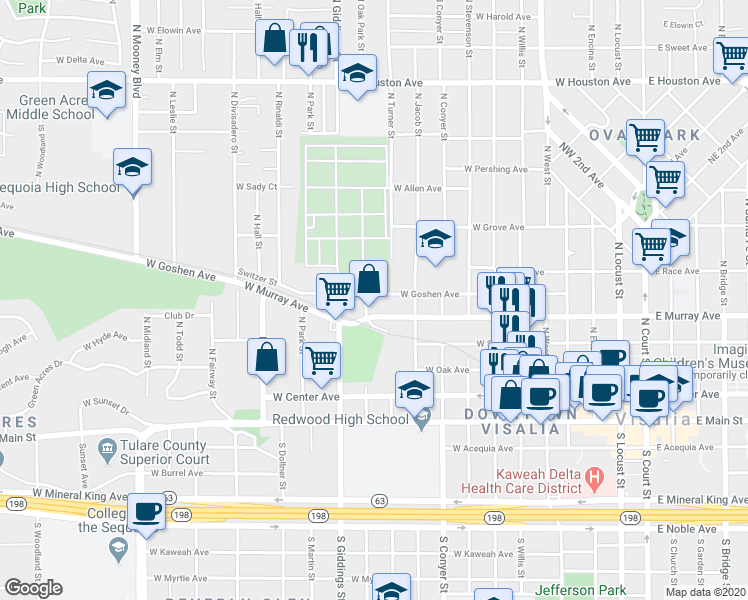 map of restaurants, bars, coffee shops, grocery stores, and more near 1135 West Goshen Avenue in Visalia
