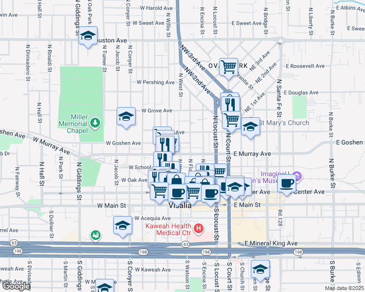 map of restaurants, bars, coffee shops, grocery stores, and more near 415 West Goshen Avenue in Visalia