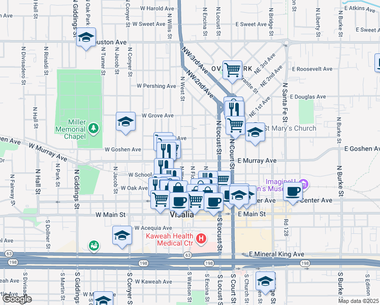 map of restaurants, bars, coffee shops, grocery stores, and more near 415 West Goshen Avenue in Visalia