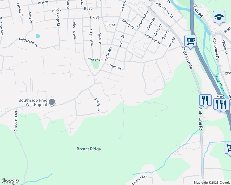 map of restaurants, bars, coffee shops, grocery stores, and more near 727 Sugar Hollow Road in Elizabethton