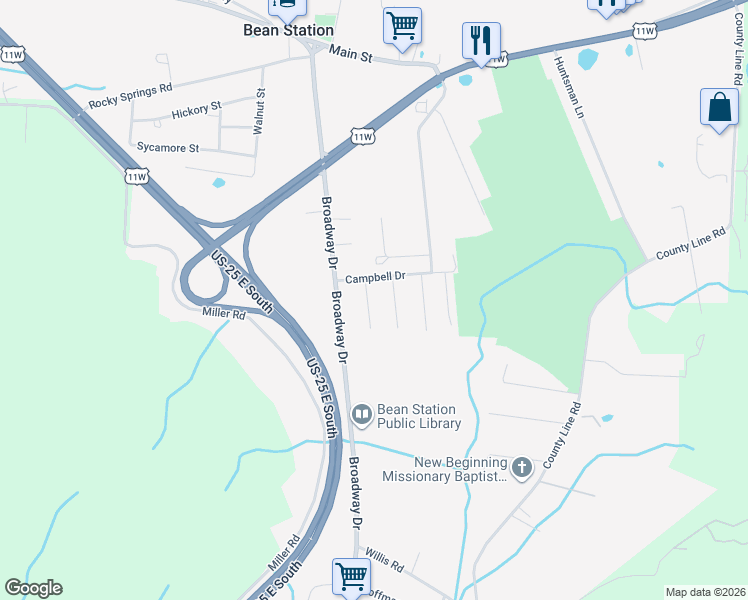 map of restaurants, bars, coffee shops, grocery stores, and more near 145 Ellis Street in Bean Station