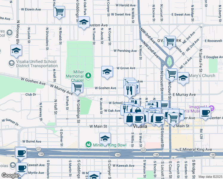 map of restaurants, bars, coffee shops, grocery stores, and more near 835 West Goshen Avenue in Visalia