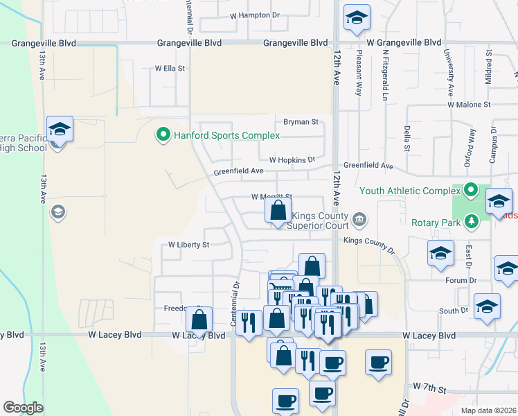 map of restaurants, bars, coffee shops, grocery stores, and more near 1950 West Rio Hondo Court in Hanford