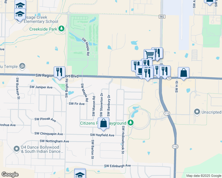 map of restaurants, bars, coffee shops, grocery stores, and more near 3709 Southwest Banbury Drive in Bentonville